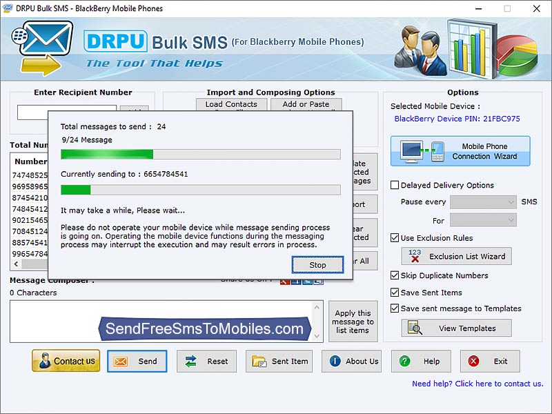 Screenshot of Send Free SMS BlackBerry